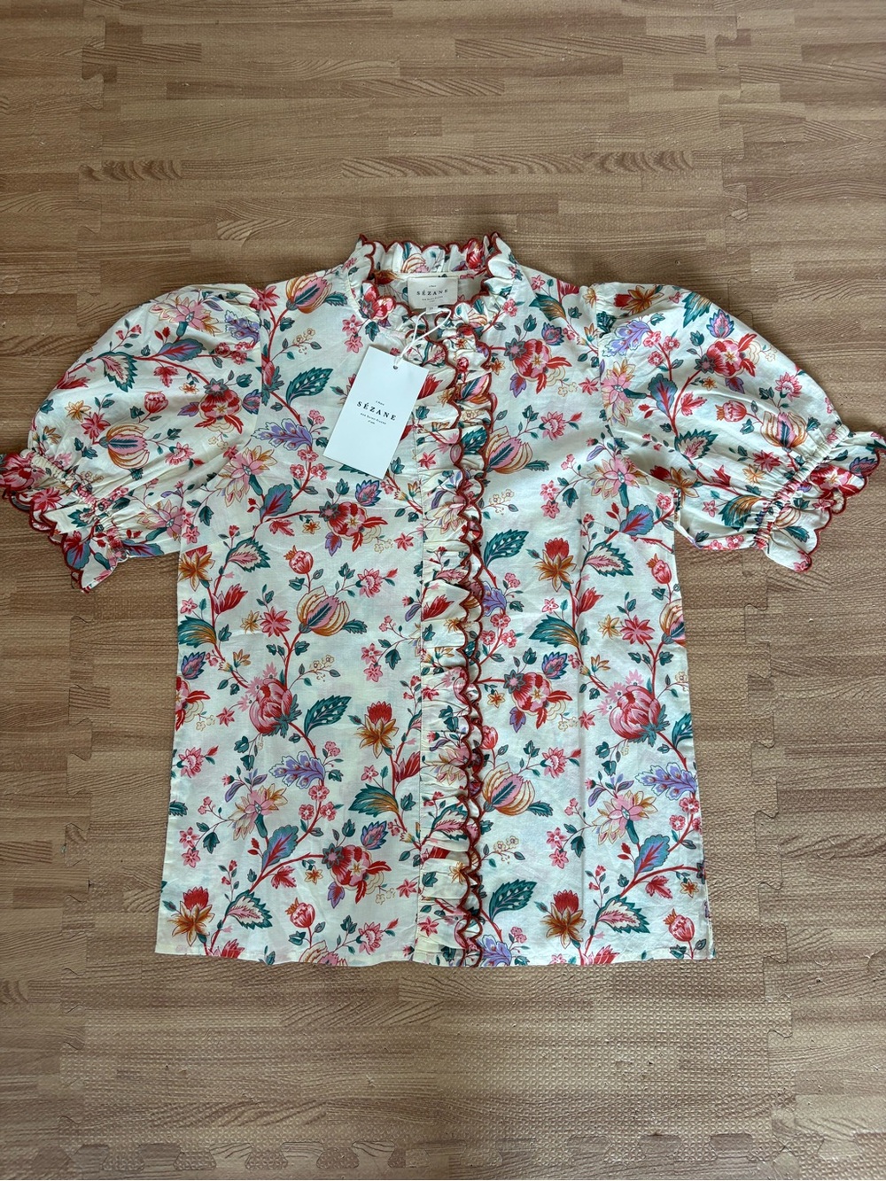 Sézane Maya Blouse Fleurs Indiennes Floral Ruffle Size 34 US 2 NWT - Picture 14 of 16